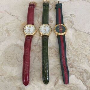 Three Red & Green Gold Tone Watches Leather Bands